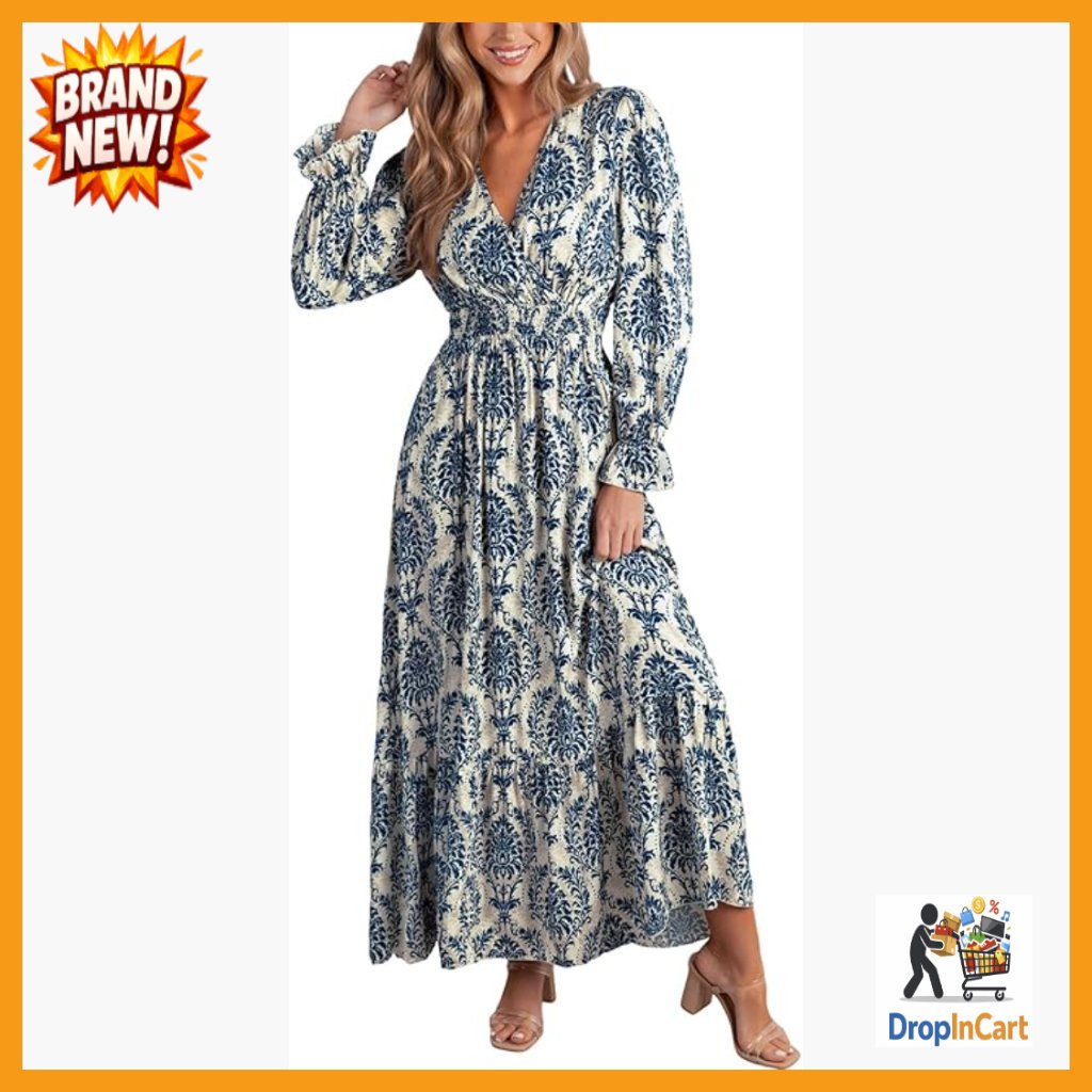 V-Neck Maxi Dress With Smocked Waist Long Sleeve Boho Paisley Print Flowy